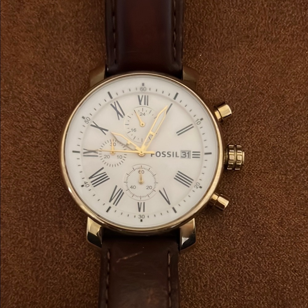 Fossil Brown and White Chronograph Watch with Roman Numerals